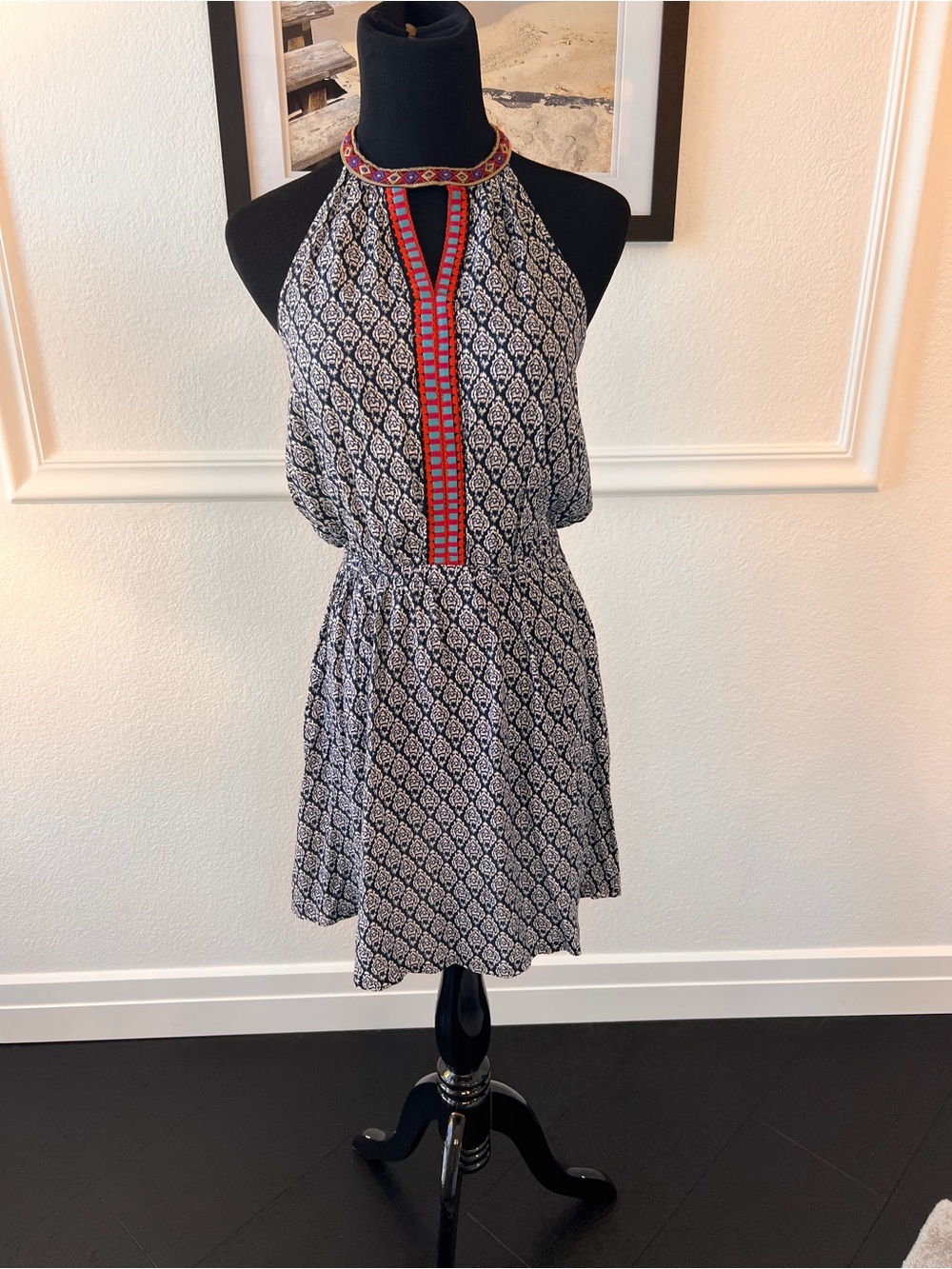 Sugarlips Navy and White Halter Mini Dress with Red Trim